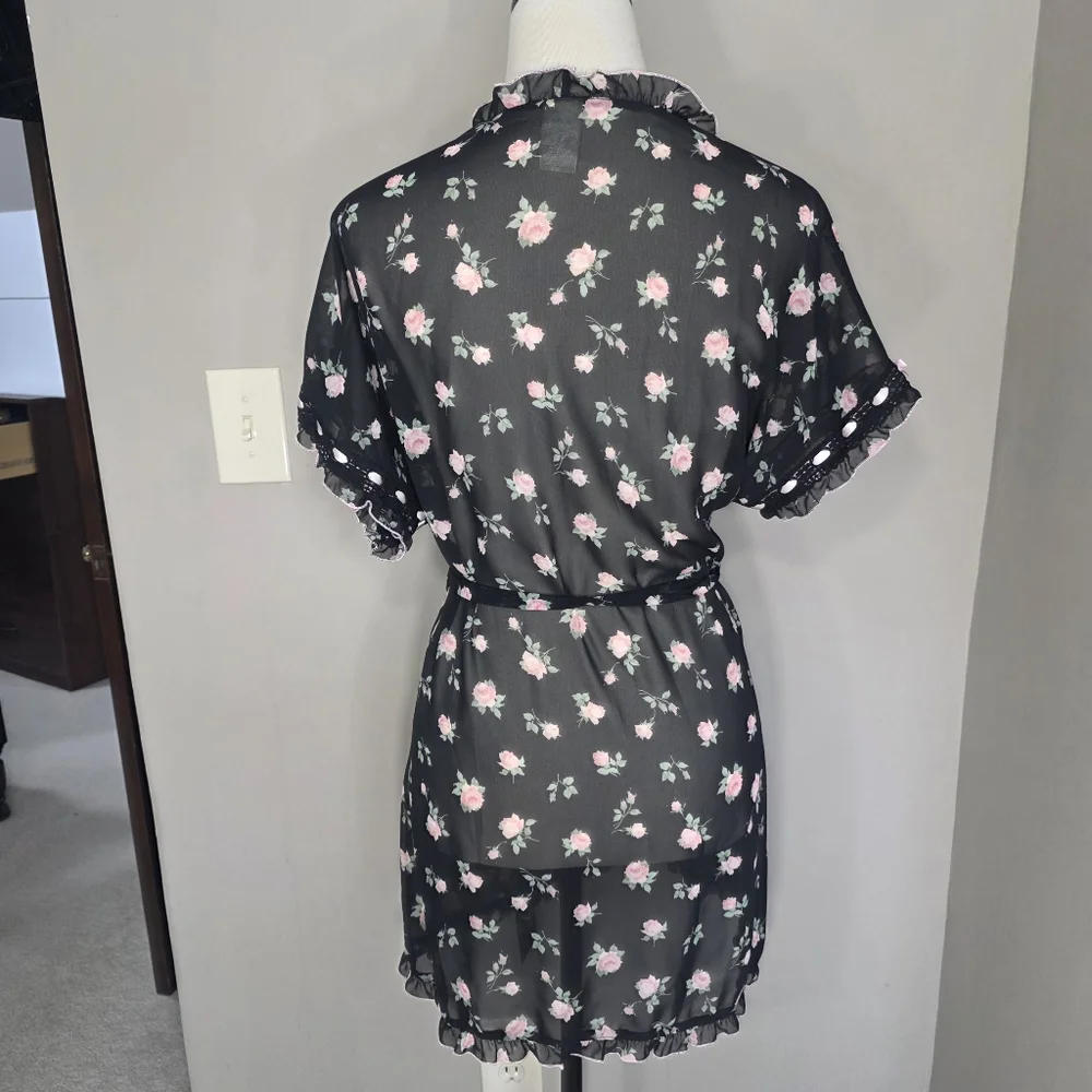 Floral Sheer Black Kimono Robe lightweight women's size large from In Bloom